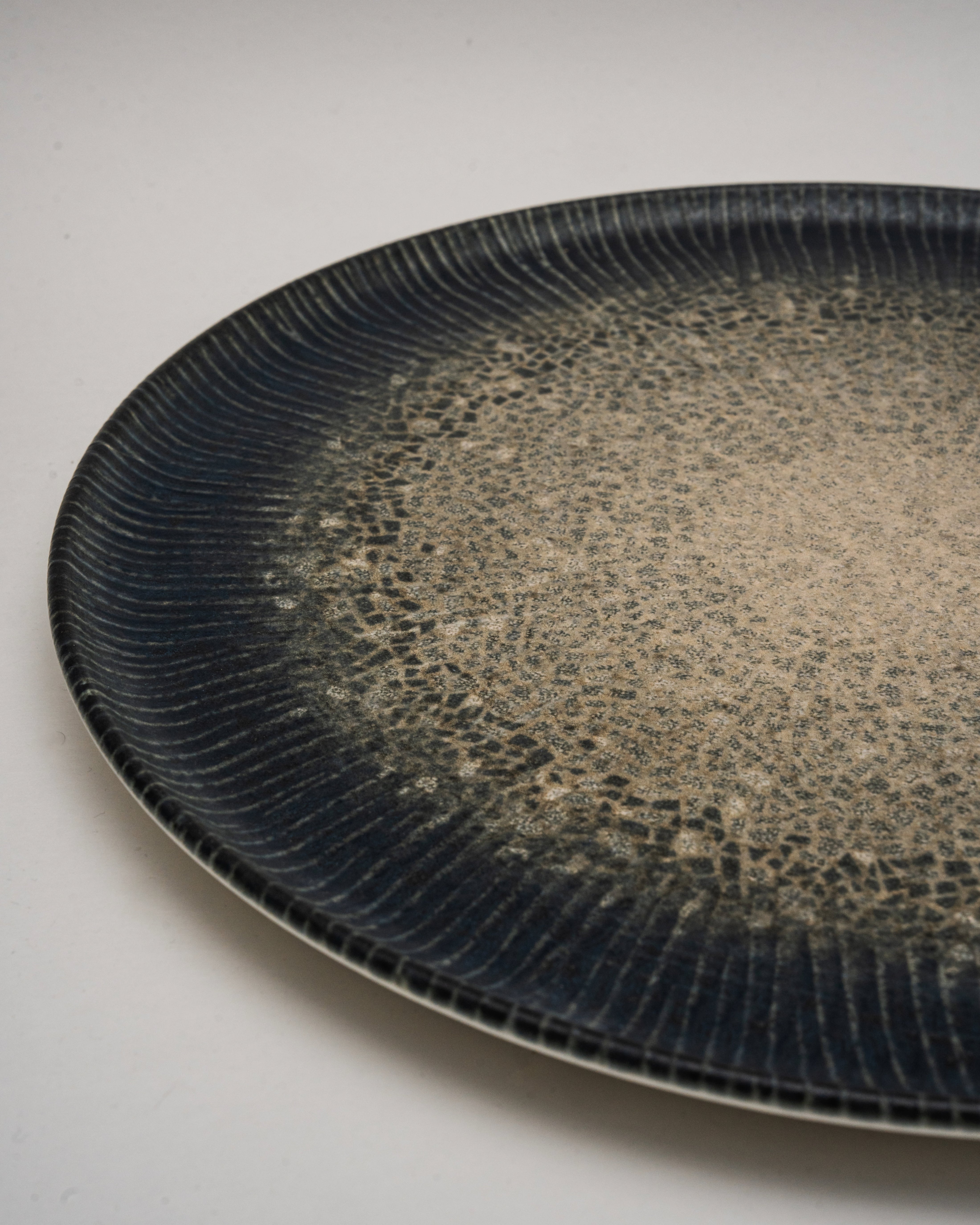 Angled view of Arctic porcelain pizza plate showing gradient glaze