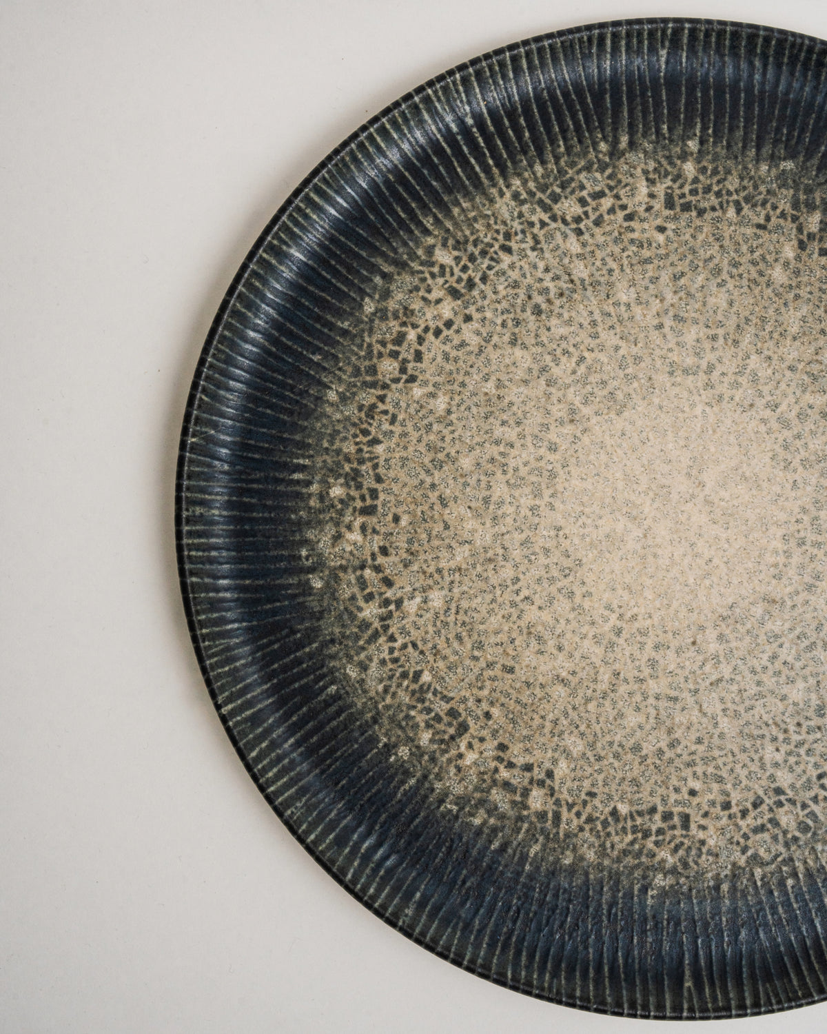 Overhead view of Arctic porcelain pizza plate, speckled texture detail
