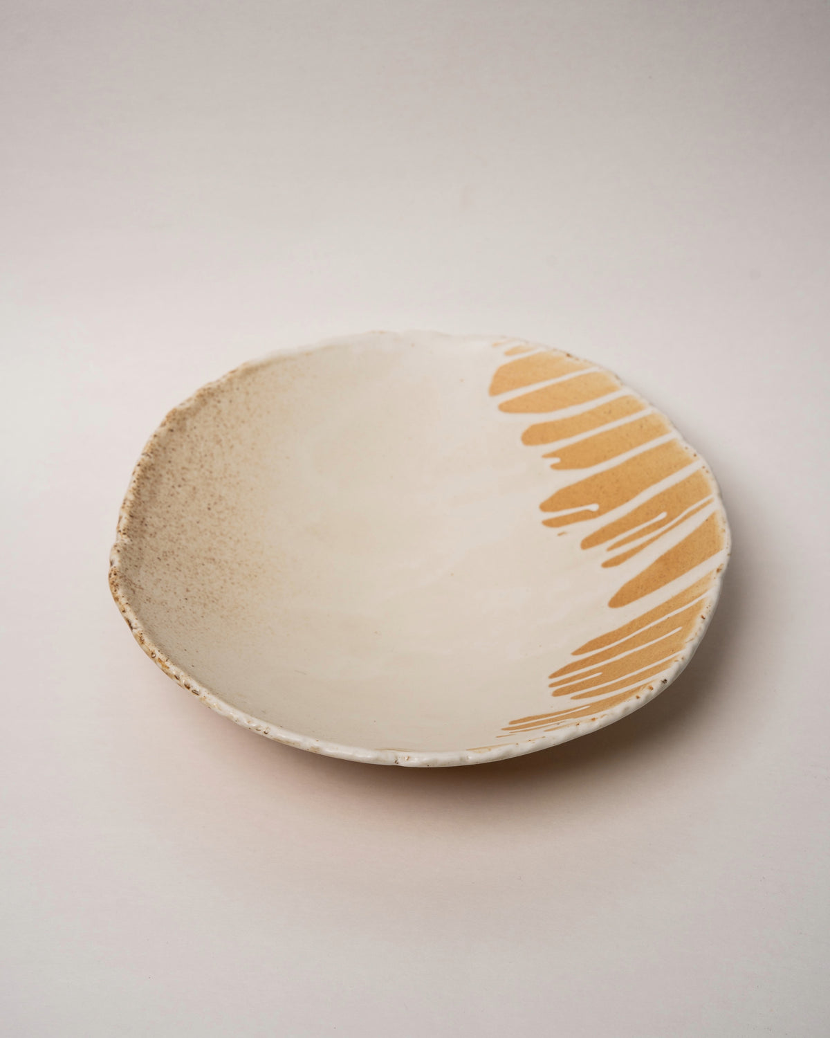 Tilted view of Caramel porcelain bistro bowl showing full pattern