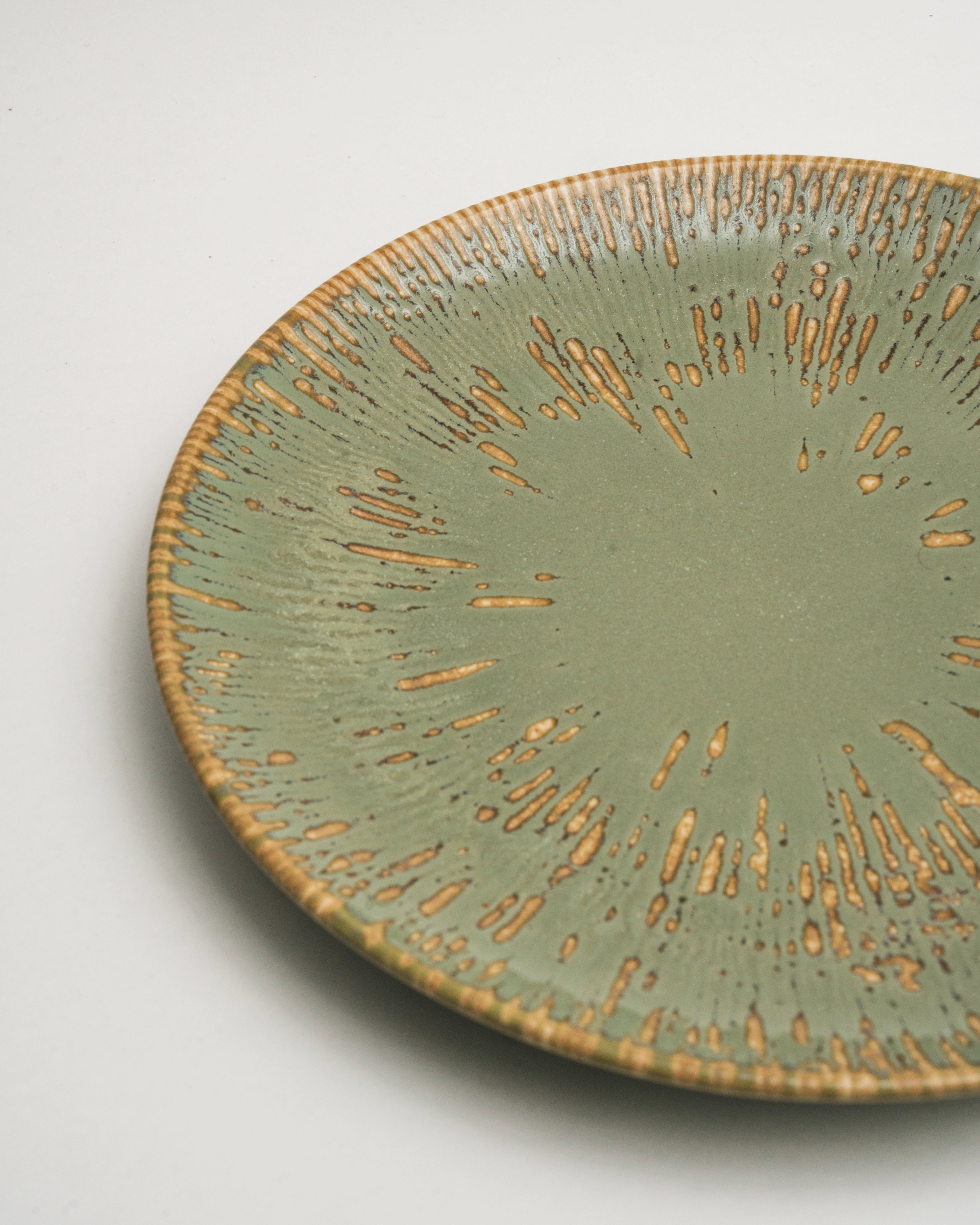 Angled view of Colosseum Verdant porcelain dinner plate showing gold rim detail