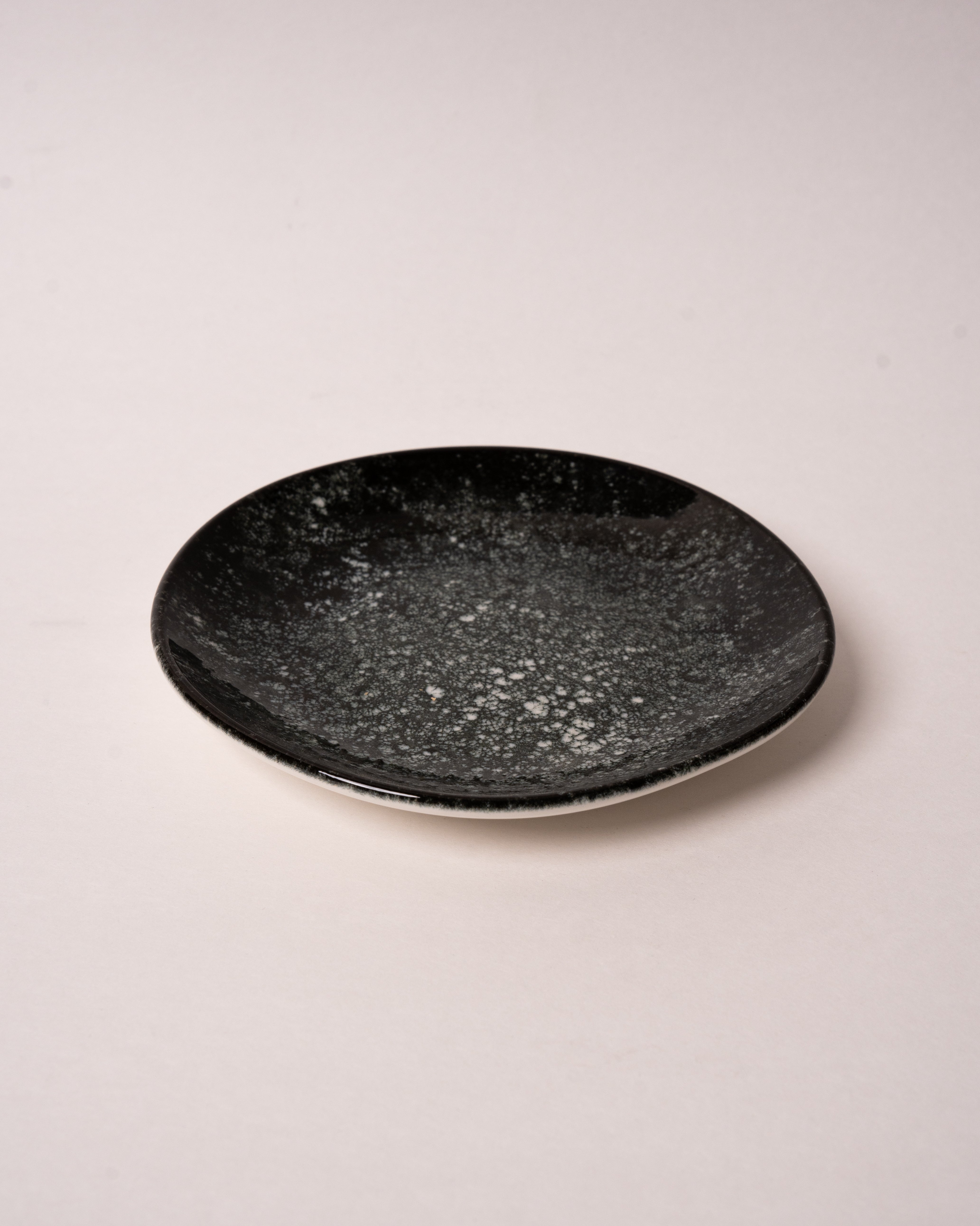 Cosmos porcelain small plate, black glaze with white speckled starry pattern, 6.3 inch