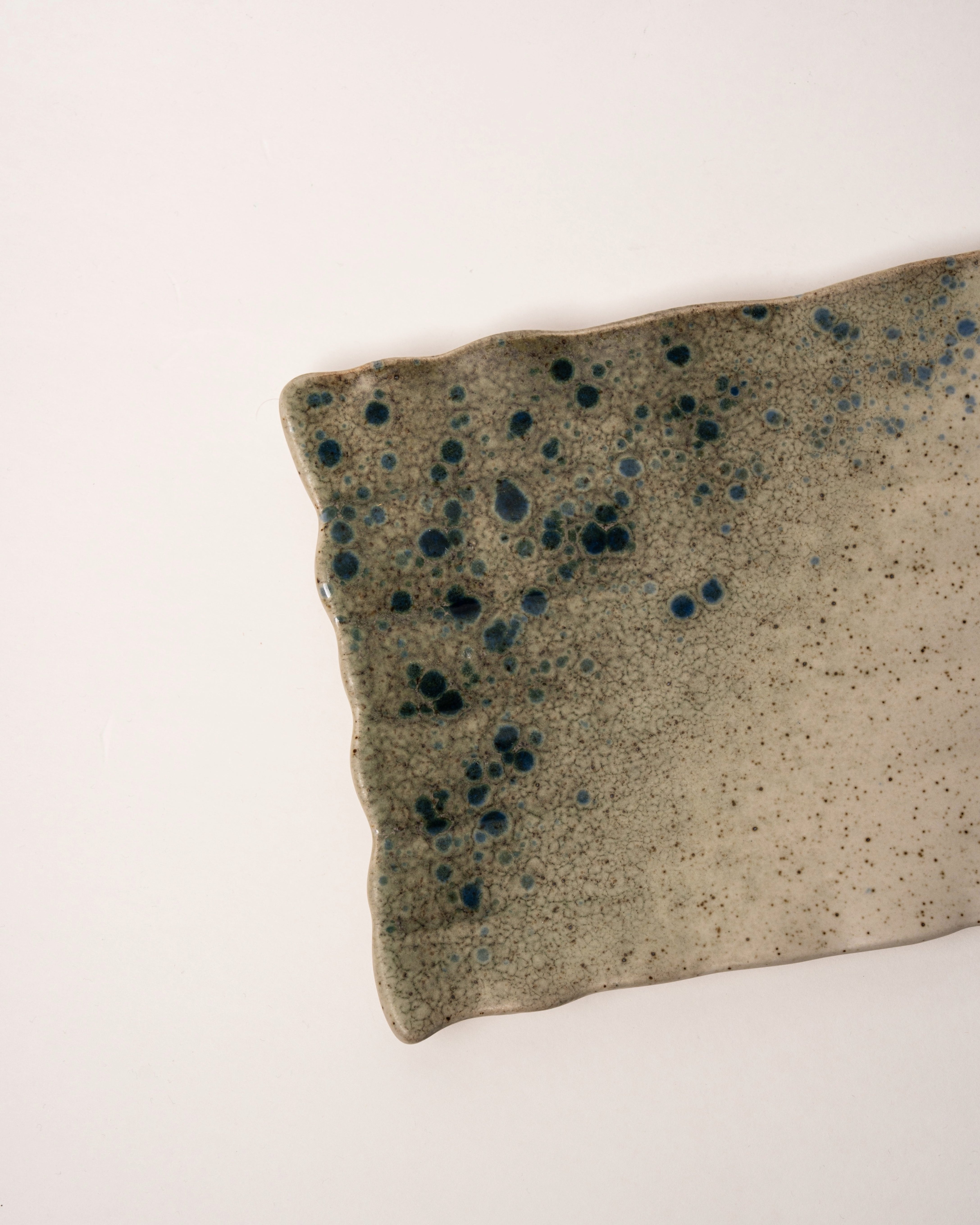 Angled view of Gaia porcelain rectangular plate showing speckled texture