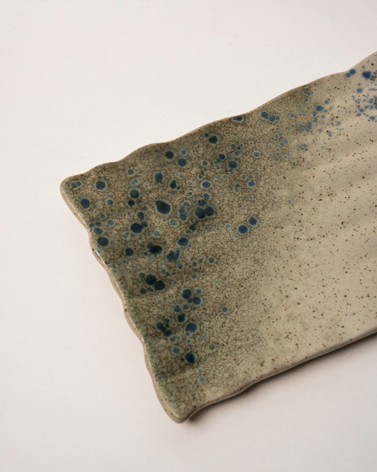 Overhead view of Gaia porcelain rectangular plate, full speckled pattern