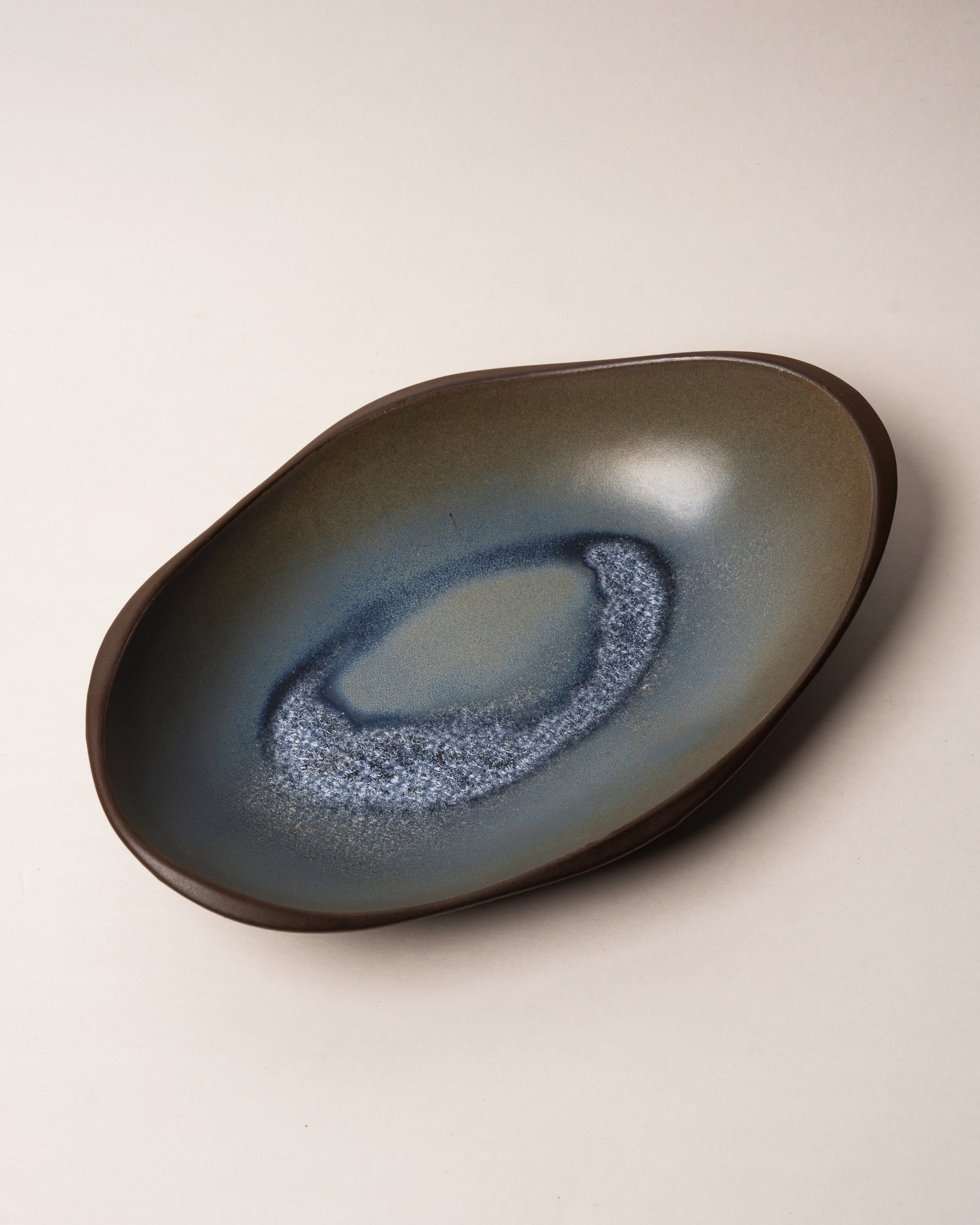 Lagoon porcelain bistro bowl, blue glaze, organic oval shape, 12.2 inch