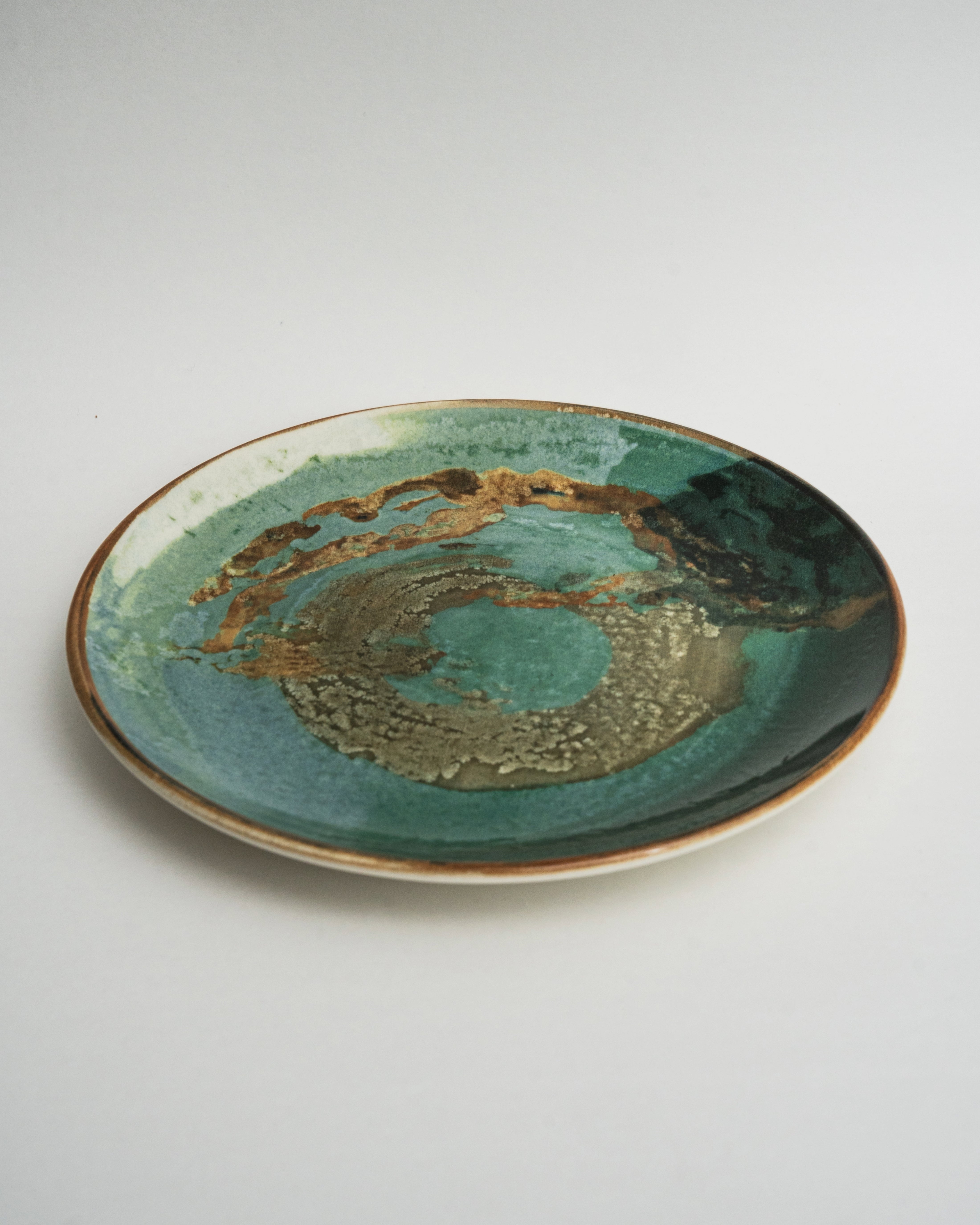 Pelagos porcelain dinner plate, teal and gold glaze, 10.6 inch
