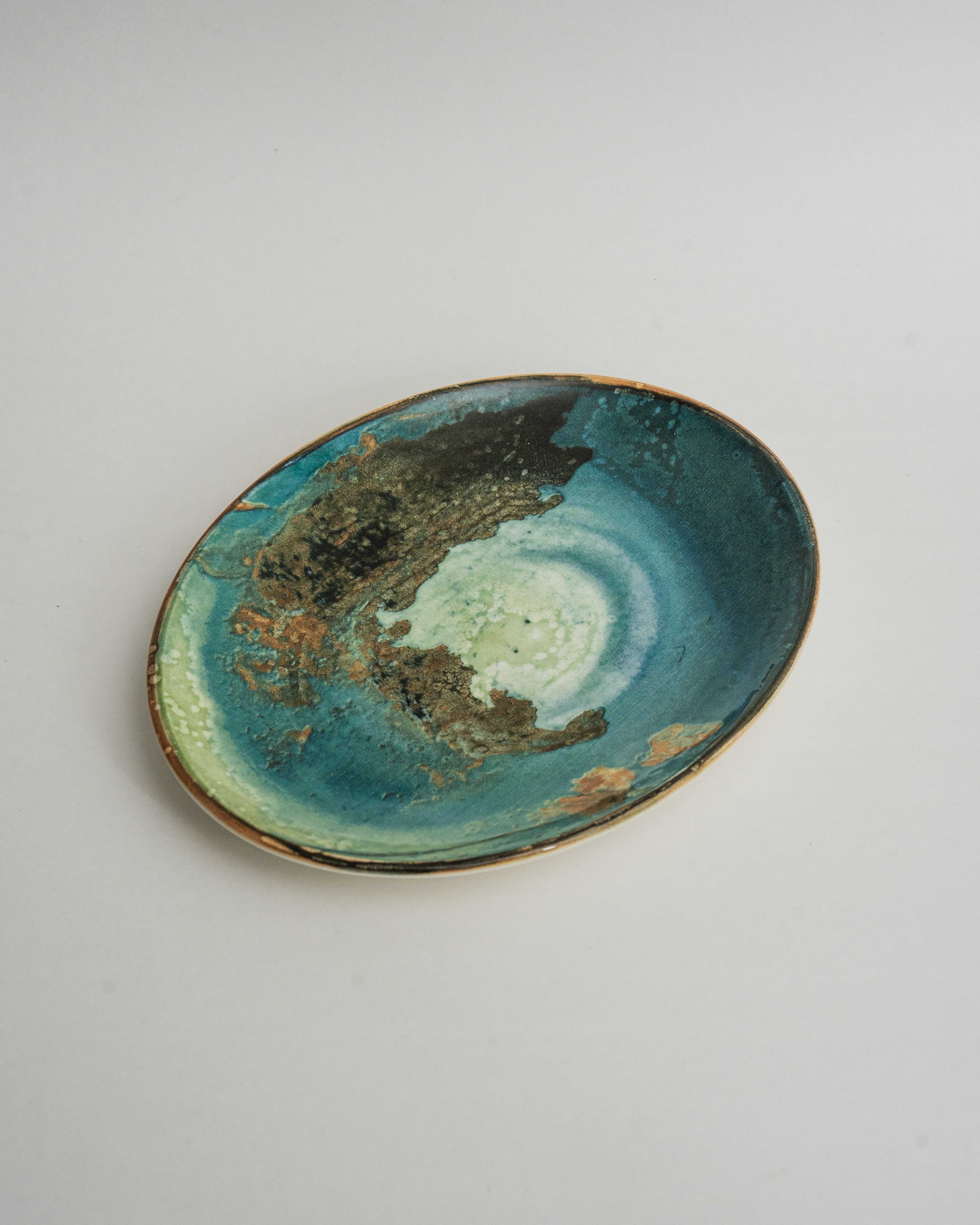 Pelagos porcelain oval plate, teal and gold glaze, 9.8 inch