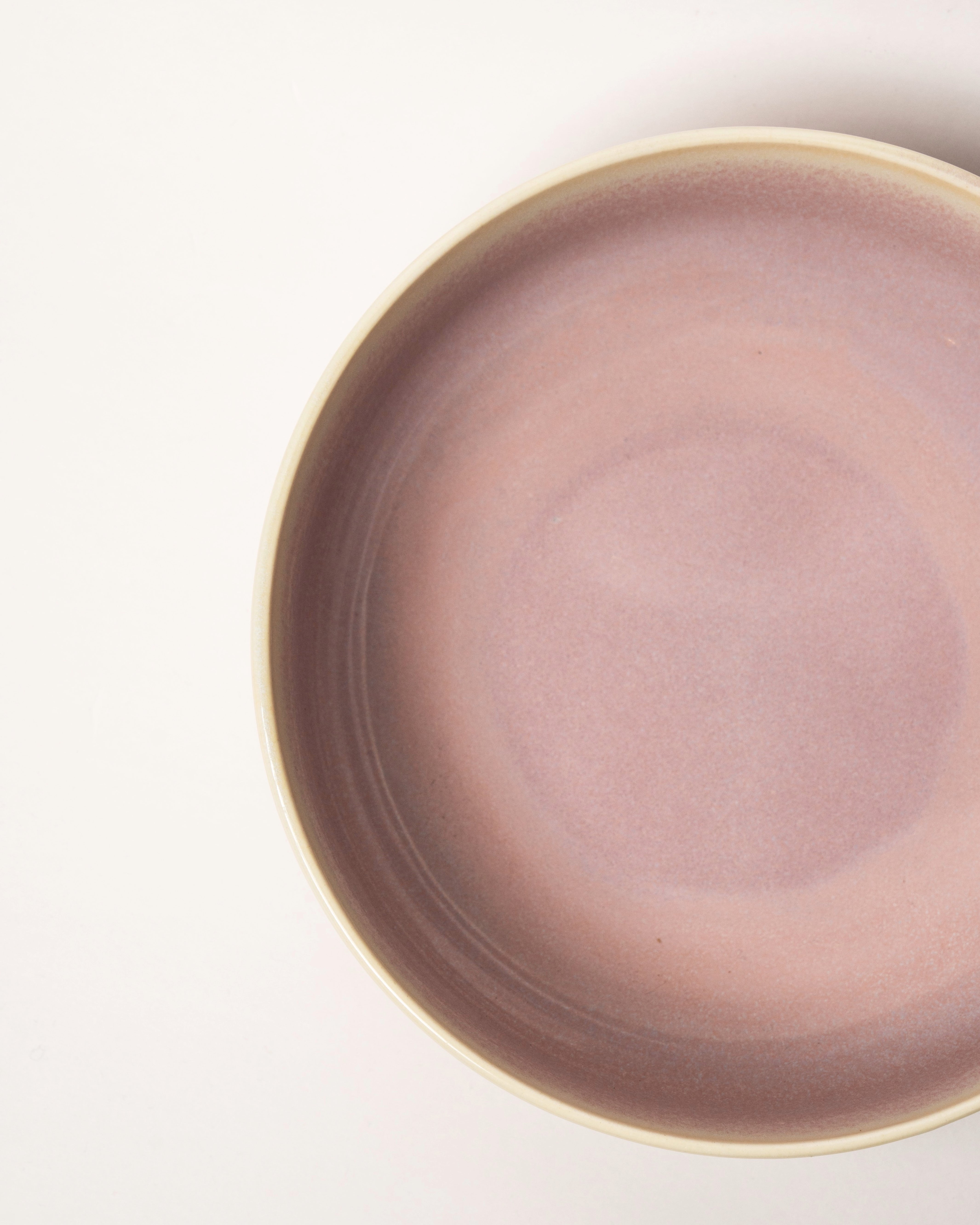 Overhead view of Pink Pott porcelain fruit bowl showing pink glaze