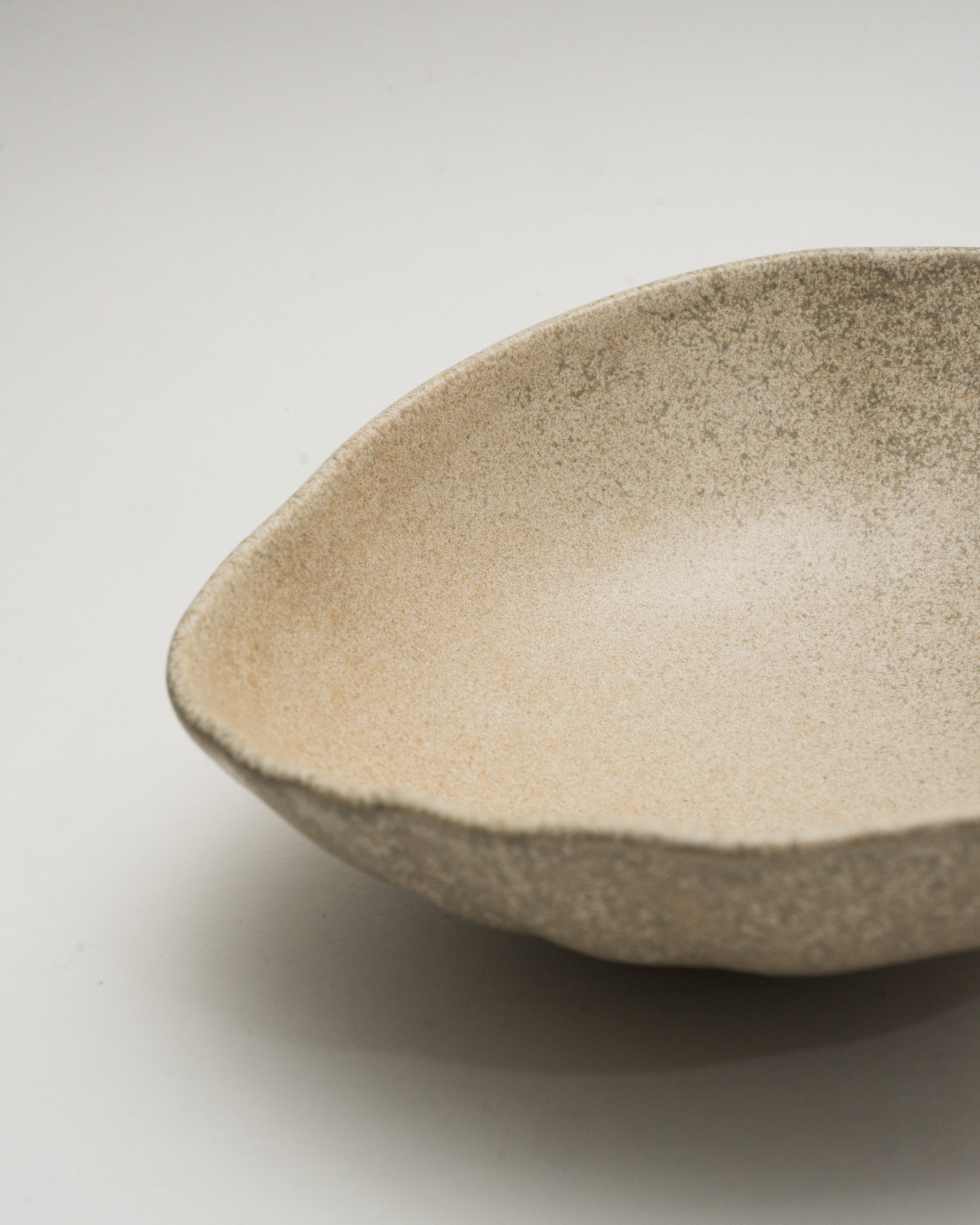 Angled view of Sahara porcelain bowl showing sand-toned finish