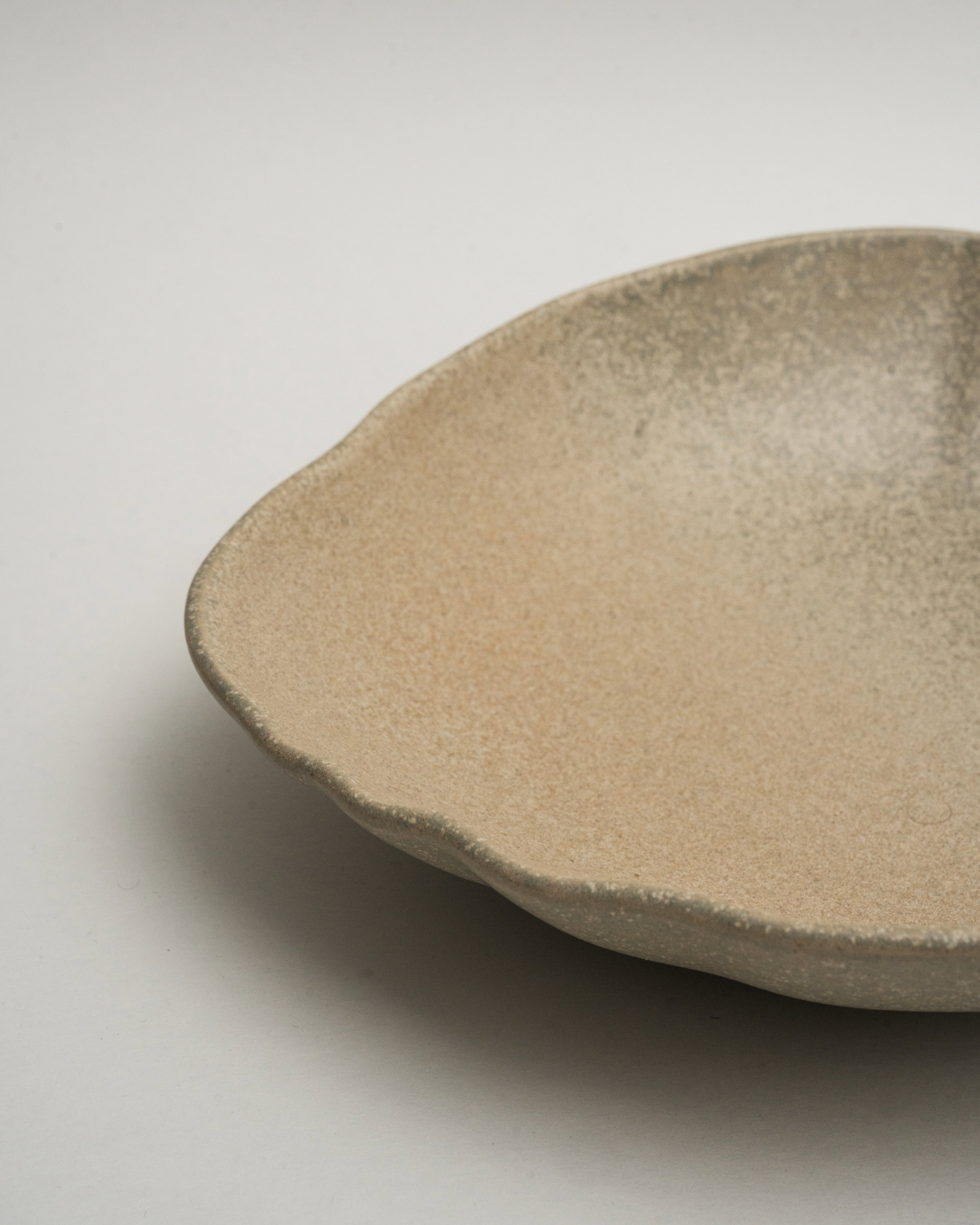 Angled view of Sahara porcelain bistro bowl showing sand-toned finish