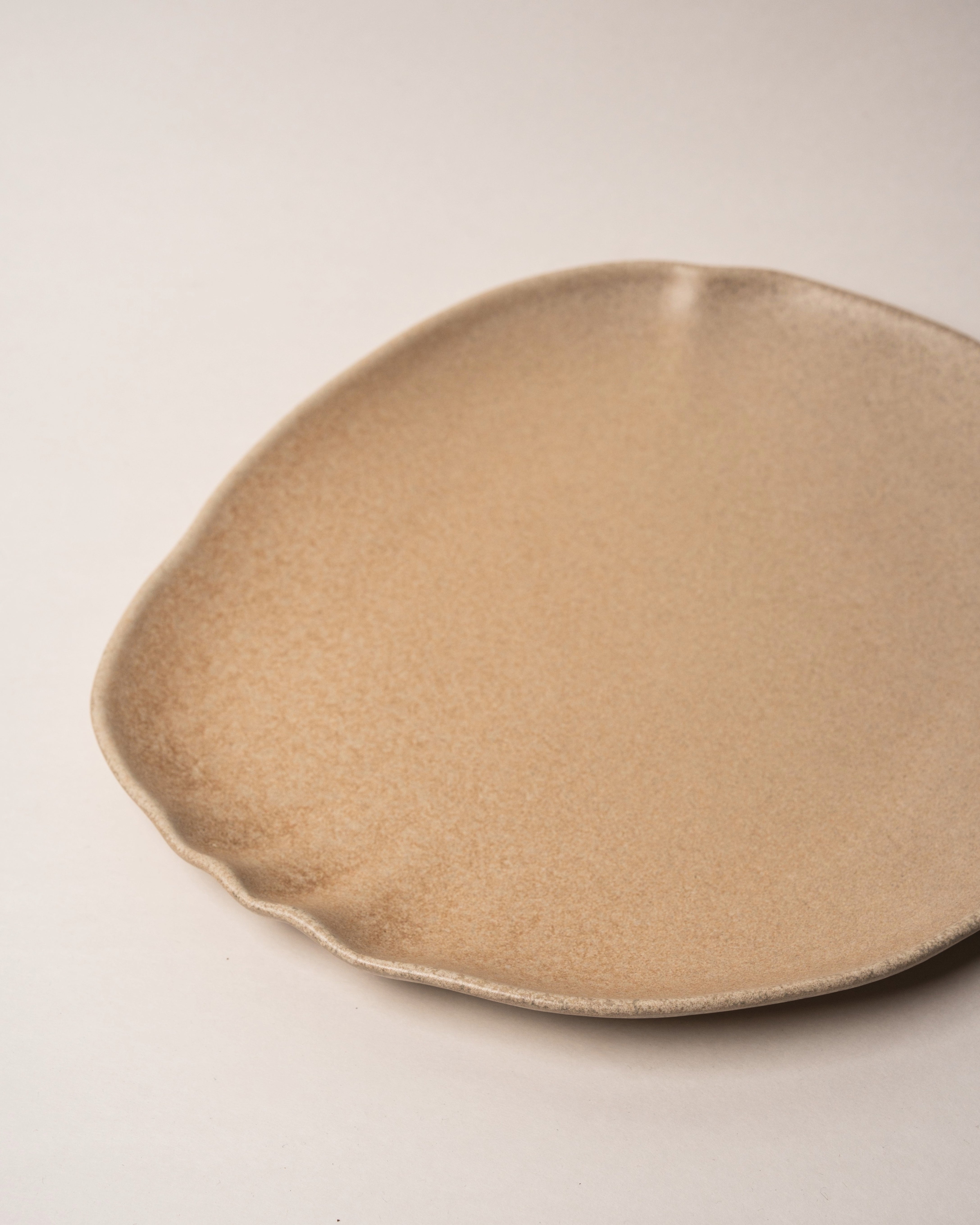 Side view of Sahara porcelain dinner plate, organic shape