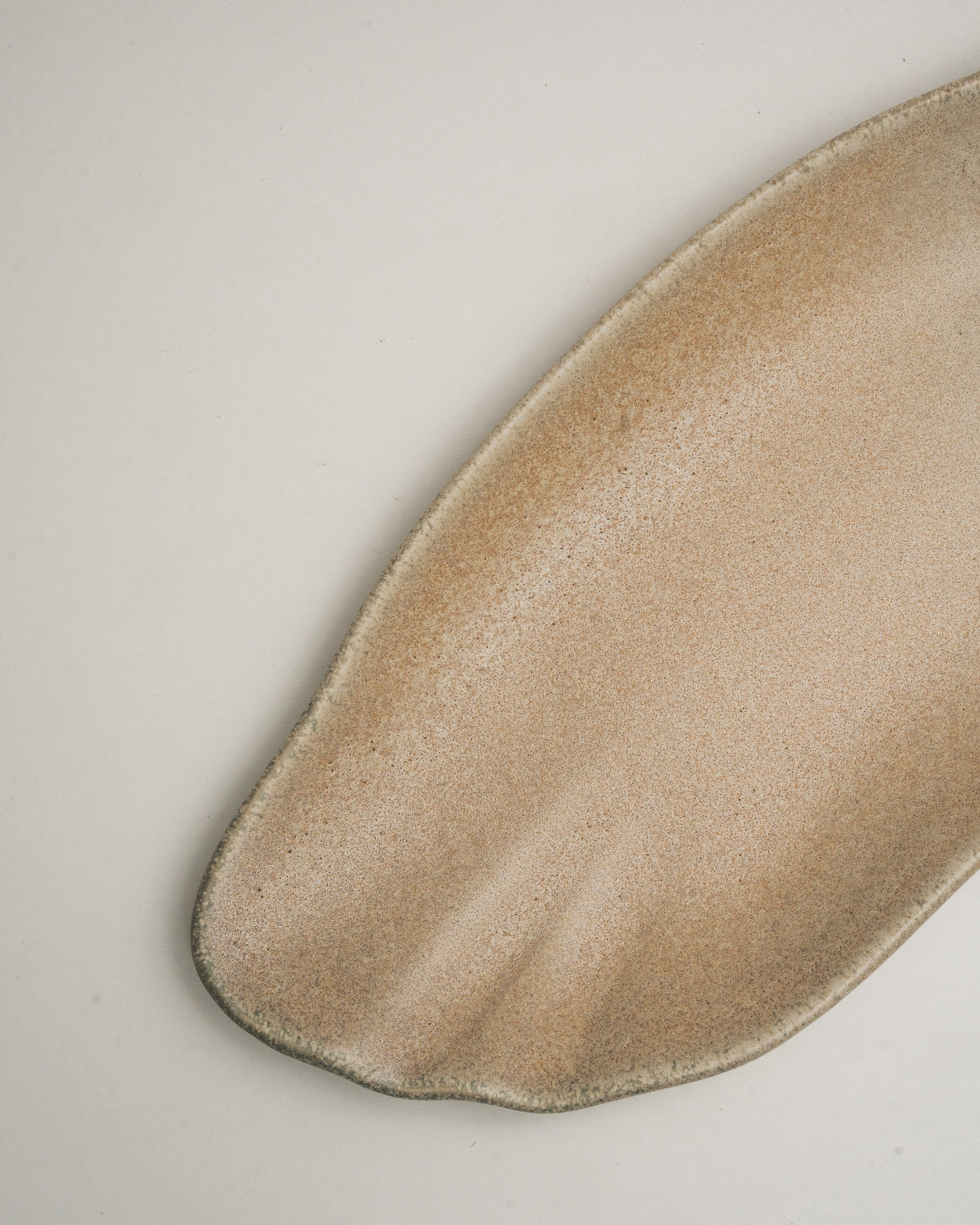 Angled view of Sahara porcelain rectangular plate showing sand-toned finish