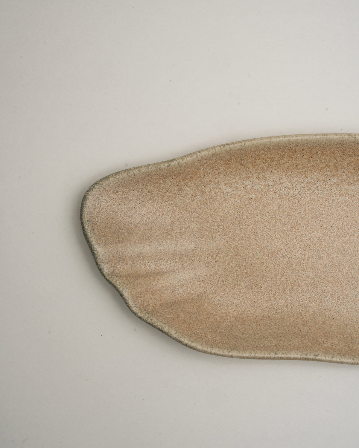 Tilted view of Sahara porcelain rectangular plate, angled to show depth