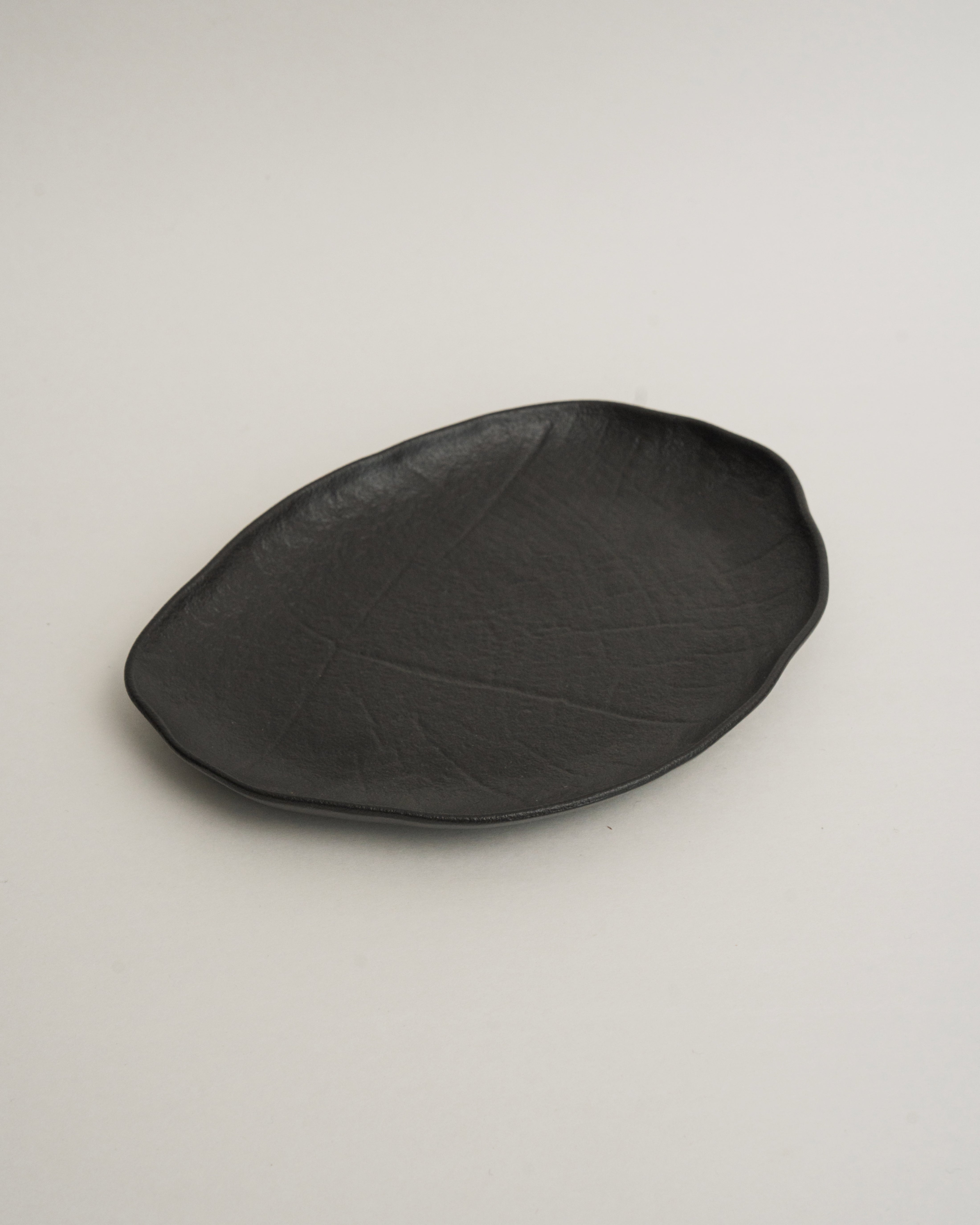 Shade porcelain oval plate, matte black finish, organic shape, 9.5 inch